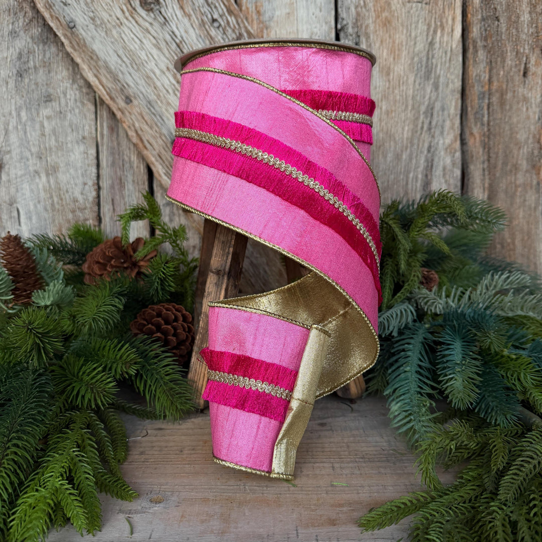 4" Pink Fringe Ribbon, Farrisilk Ribbon, Christmas Ribbon, Velvety Fringe Ribbon, RK920-74