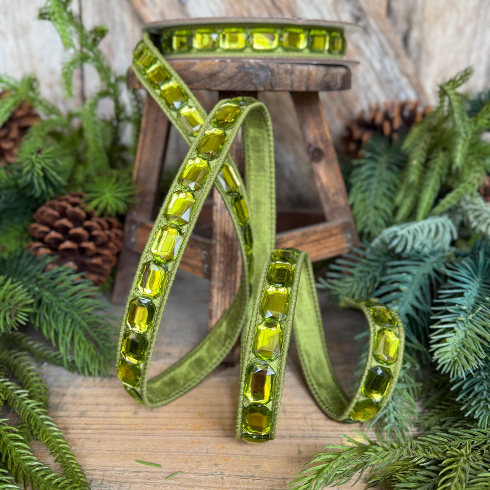 1" Lime Green Emerald Cut Ribbon, Christmas Ribbon, Jeweled Ribbon, Farrisilk Ribbon, Moss Green, RJ017-61