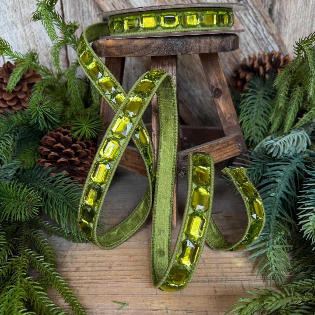 1" Lime Green Emerald Cut Ribbon, Christmas Ribbon, Jeweled Ribbon