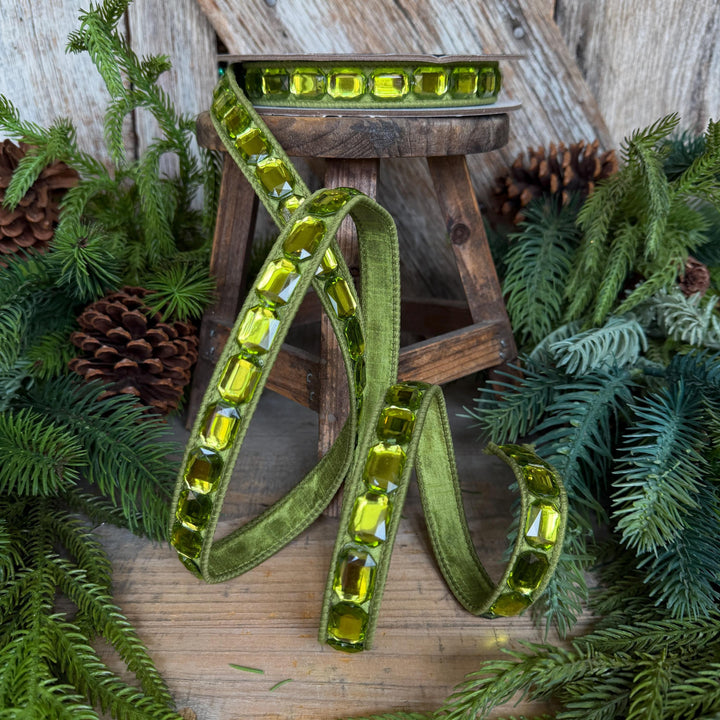1" Lime Green Emerald Cut Ribbon, Christmas Ribbon, Jeweled Ribbon