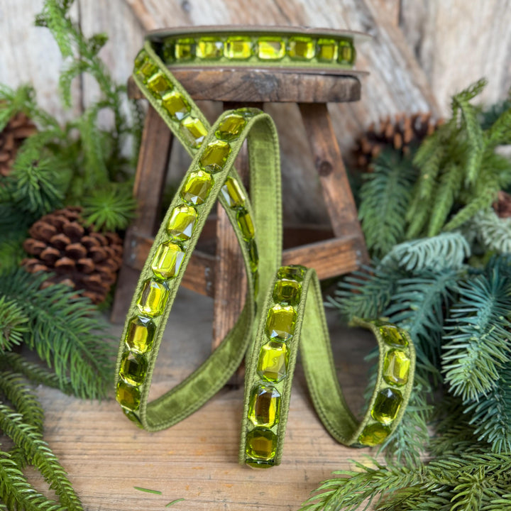 1" Lime Green Emerald Cut Ribbon, Christmas Ribbon, Jeweled Ribbon