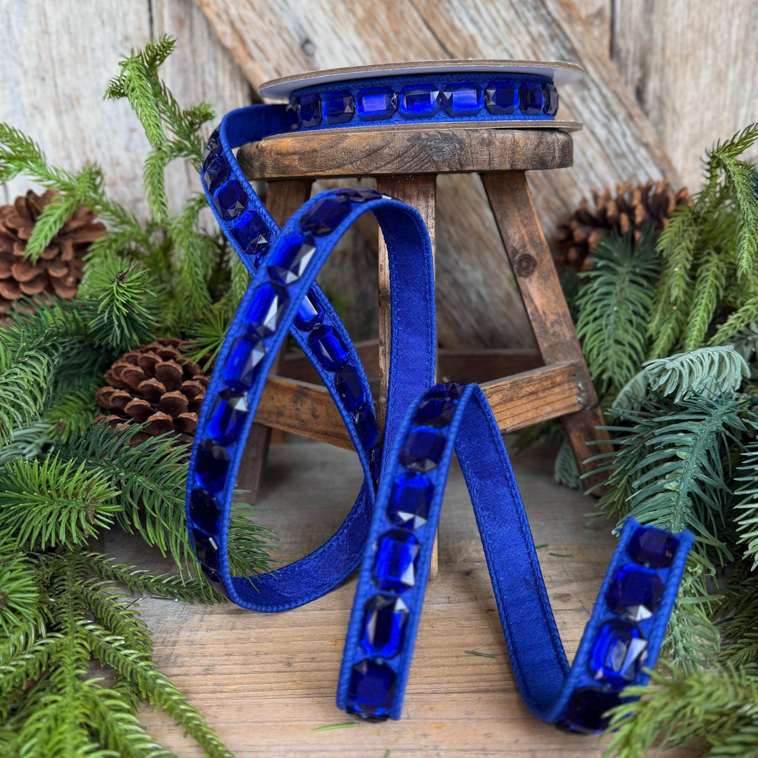 1" Blue Emerald Cut Jeweled Ribbon, Christmas Ribbon, Jeweled Ribbon
