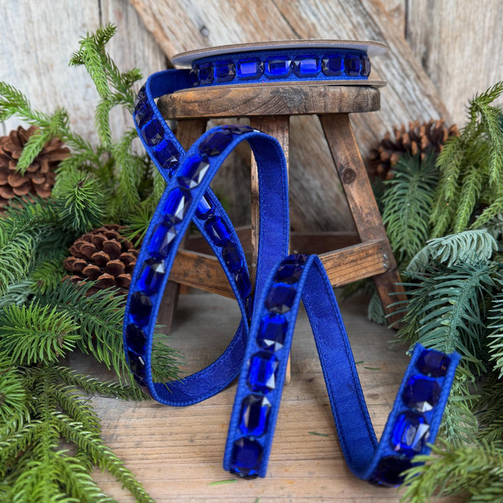 1" Blue Emerald Cut Jeweled Ribbon, Christmas Ribbon, Jeweled Ribbon