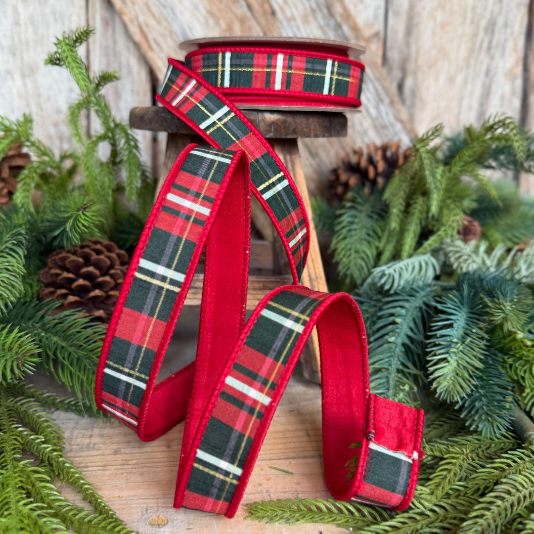1" Red Green Plaid Ribbon, Farrisilk Ribbon, Christmas Plaid Ribbon