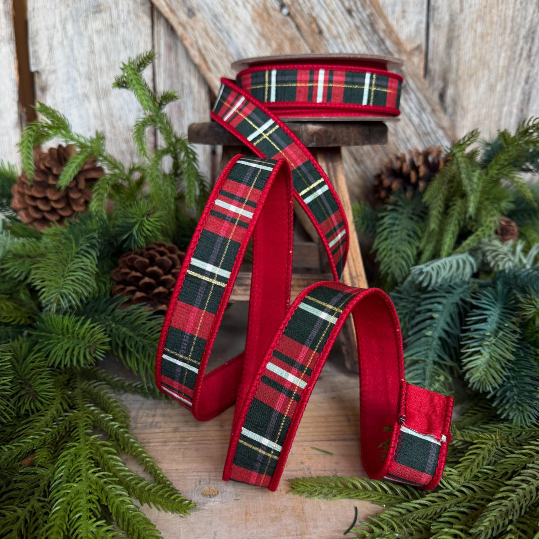1" Red Green Plaid Ribbon, Farrisilk Ribbon, Christmas Plaid Ribbon, RM001-29
