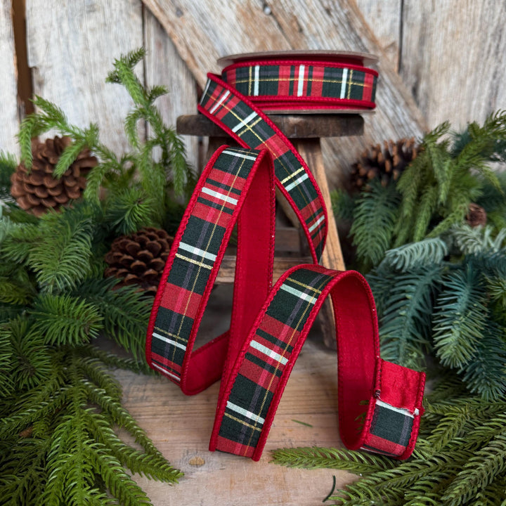 1" Red Green Plaid Ribbon, Farrisilk Ribbon, Christmas Plaid Ribbon, RM001-29