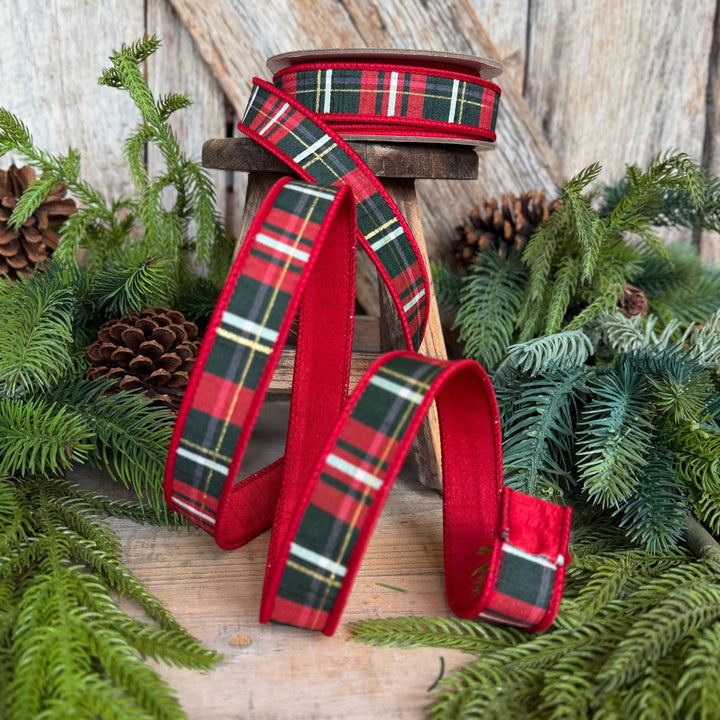 1" Red Green Plaid Ribbon, Farrisilk Ribbon, Christmas Plaid Ribbon, RM001-29