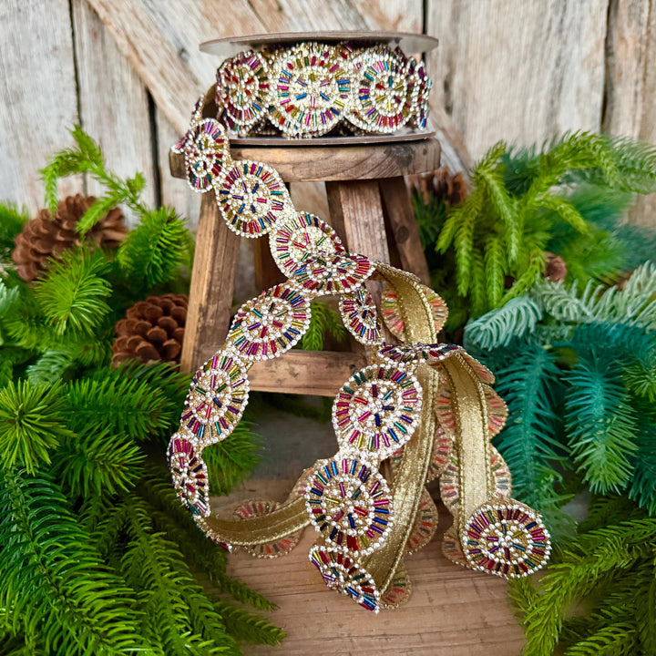 1.25" Jeweled Beaded Ribbon, Farrisilk Pinwheel Ribbon, Multi colored Ribbon, Christmas Ribbon, RK931-32