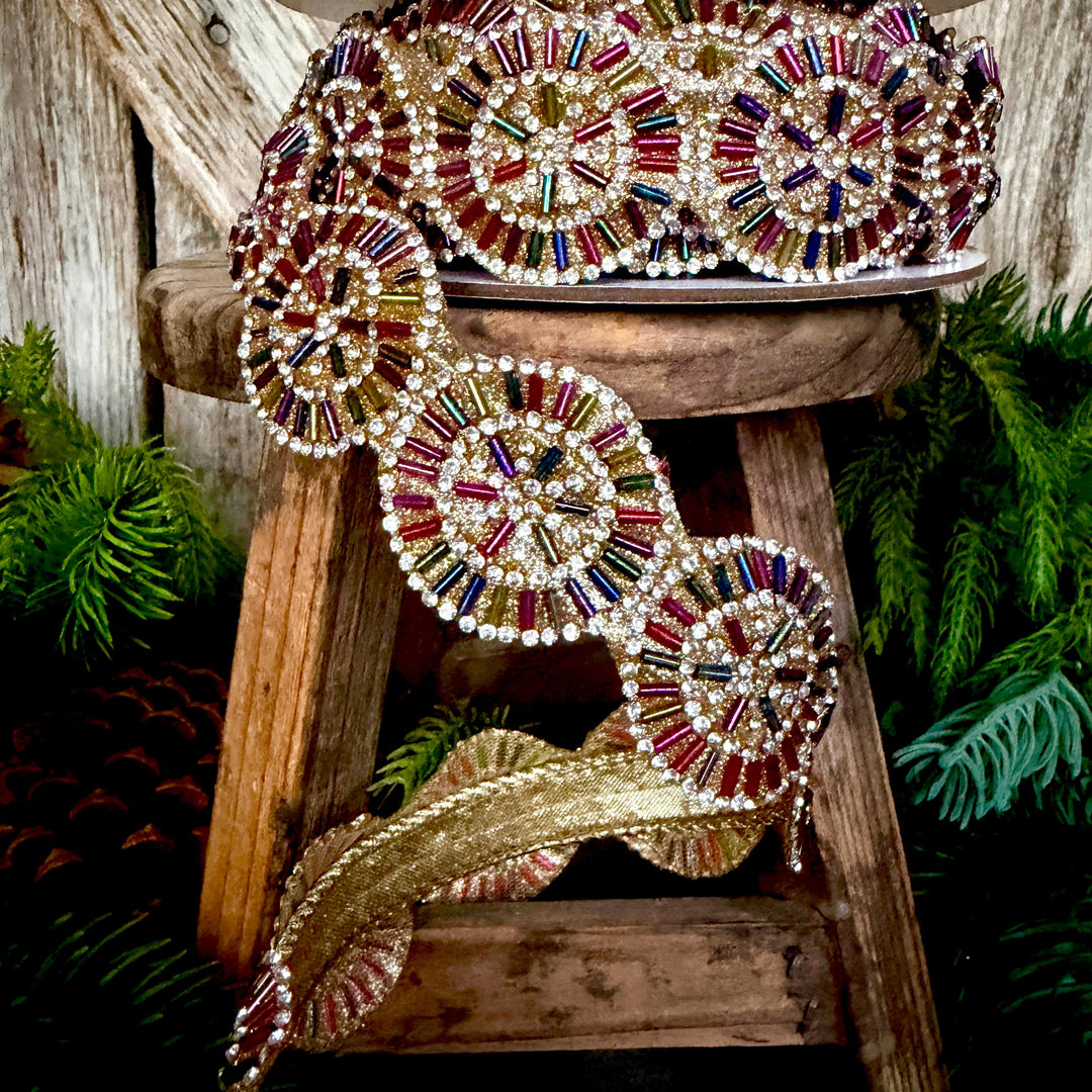 1.25" Jeweled Beaded Ribbon, Farrisilk Pinwheel Ribbon, Multi colored Ribbon, Christmas Ribbon, RK931-32
