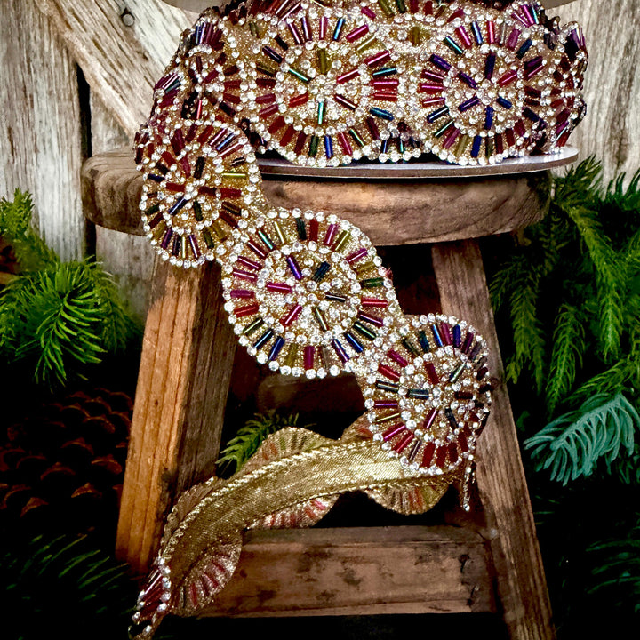 1.25" Jeweled Beaded Ribbon, Farrisilk Pinwheel Ribbon, Multi colored Ribbon, Christmas Ribbon, RK931-32