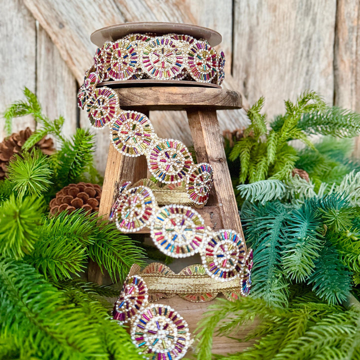 1.25" Jeweled Beaded Ribbon, Farrisilk Pinwheel Ribbon, Multi colored Ribbon, Christmas Ribbon, RK931-32