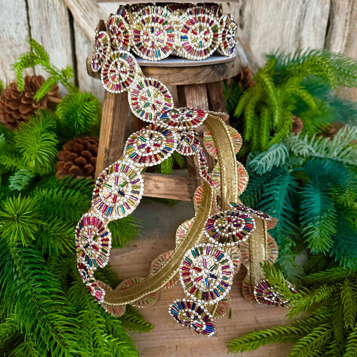 1.25" Jeweled Beaded Ribbon, Farrisilk Pinwheel Ribbon, Multi colored Ribbon, Christmas Ribbon, RK931-32