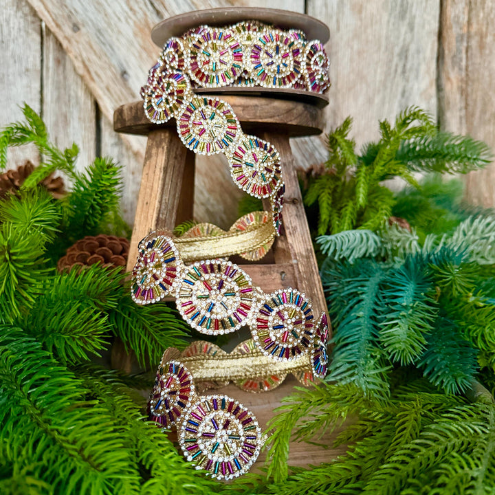 1.25" Jeweled Beaded Ribbon, Farrisilk Pinwheel Ribbon, Multi colored Ribbon, Christmas Ribbon, RK931-32
