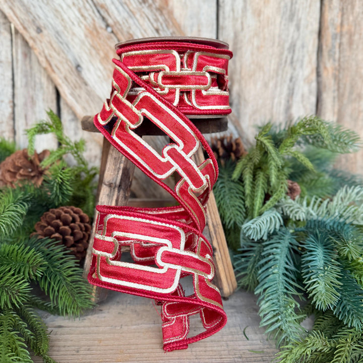 2.25" Red Christmas Chain Ribbon, Farrisilk Ribbon, Red Christmas Ribbon, RJ020-02