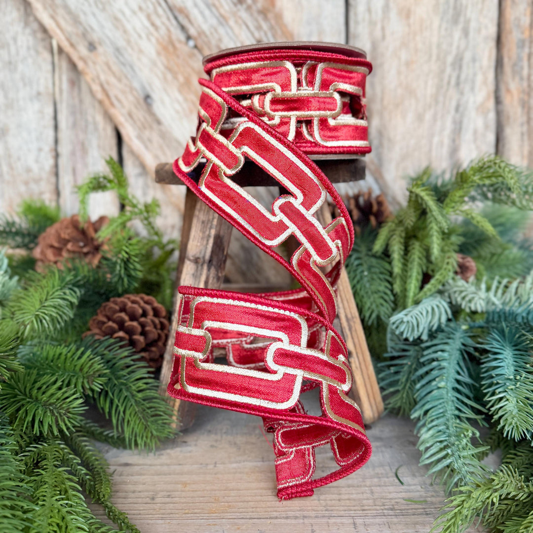 2.25" Red Christmas Chain Ribbon, Farrisilk Ribbon, Red Christmas Ribbon, RJ020-02