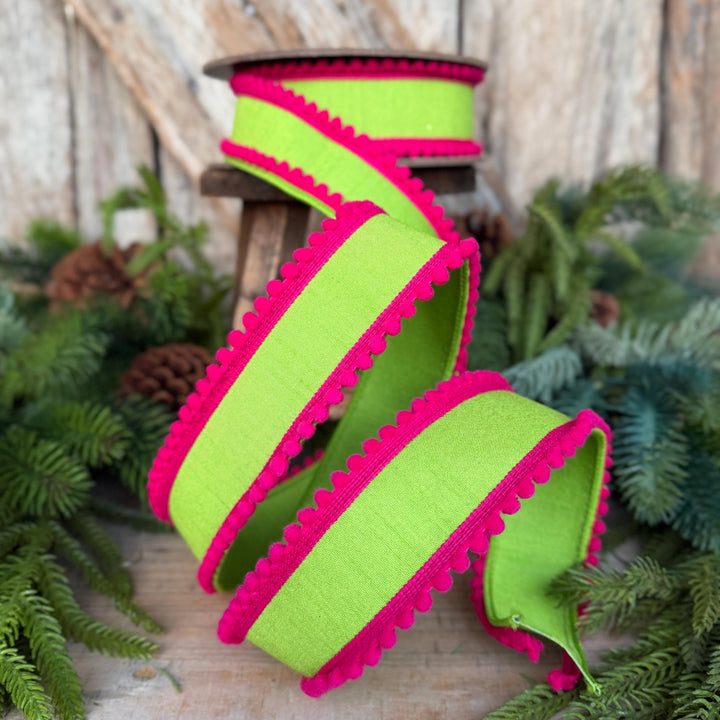 1.5" Lime Green Hot Pink Ribbon, Wired Ribbon, Designer Ribbon