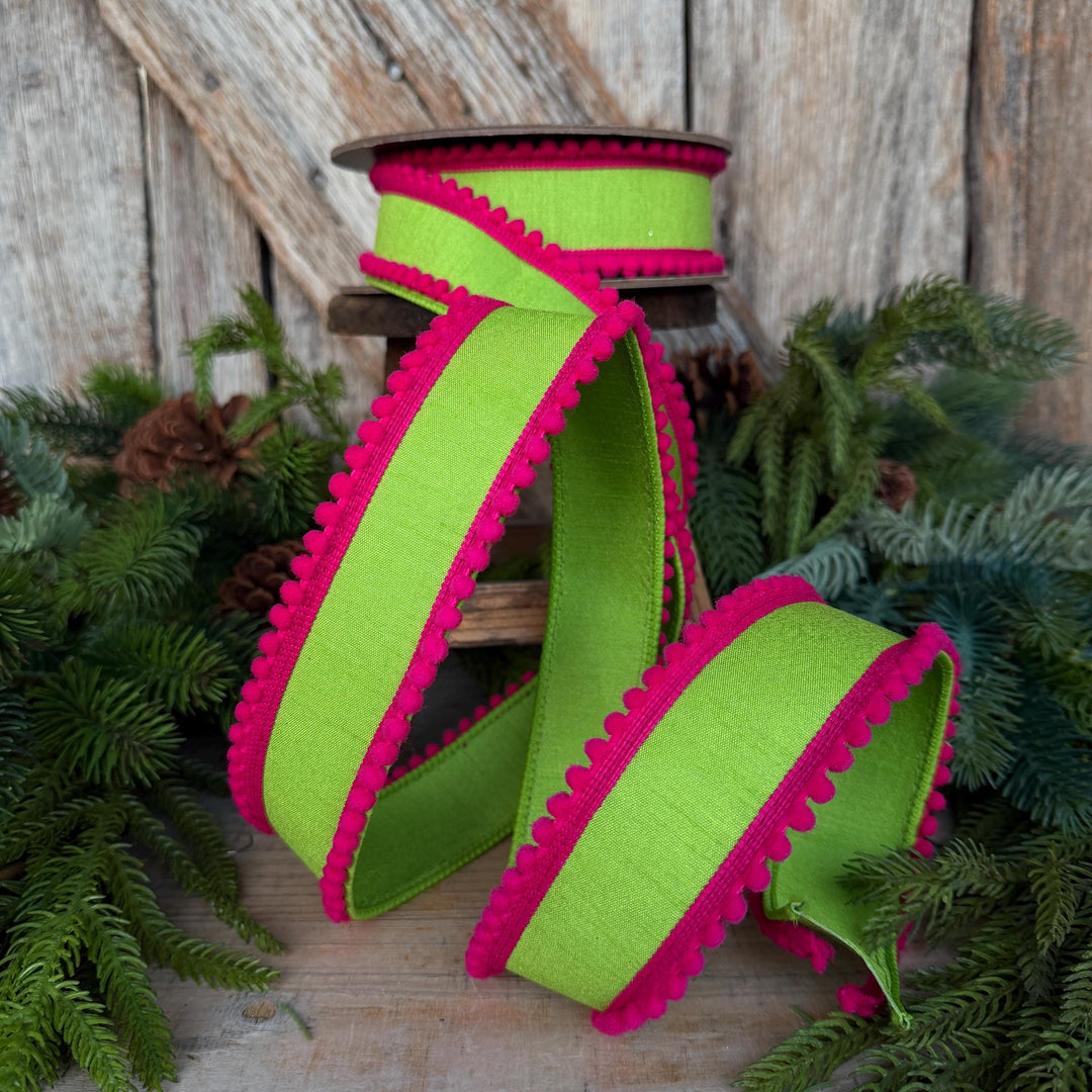 1.5" Lime Green Hot Pink Ribbon, Wired Ribbon