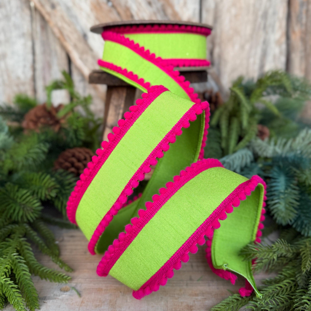 1.5" Lime Green Hot Pink Ribbon, Wired Ribbon