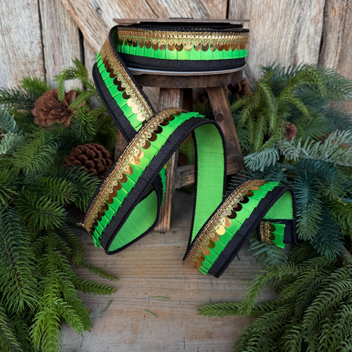 1.5" Halloween Ribbon, Tricks or Pleats, Farrisilk Ribbon, Wired Ribbon, Black Green Gold Ribbon, Designer Ribbon, Wreath Supply, RK730-61