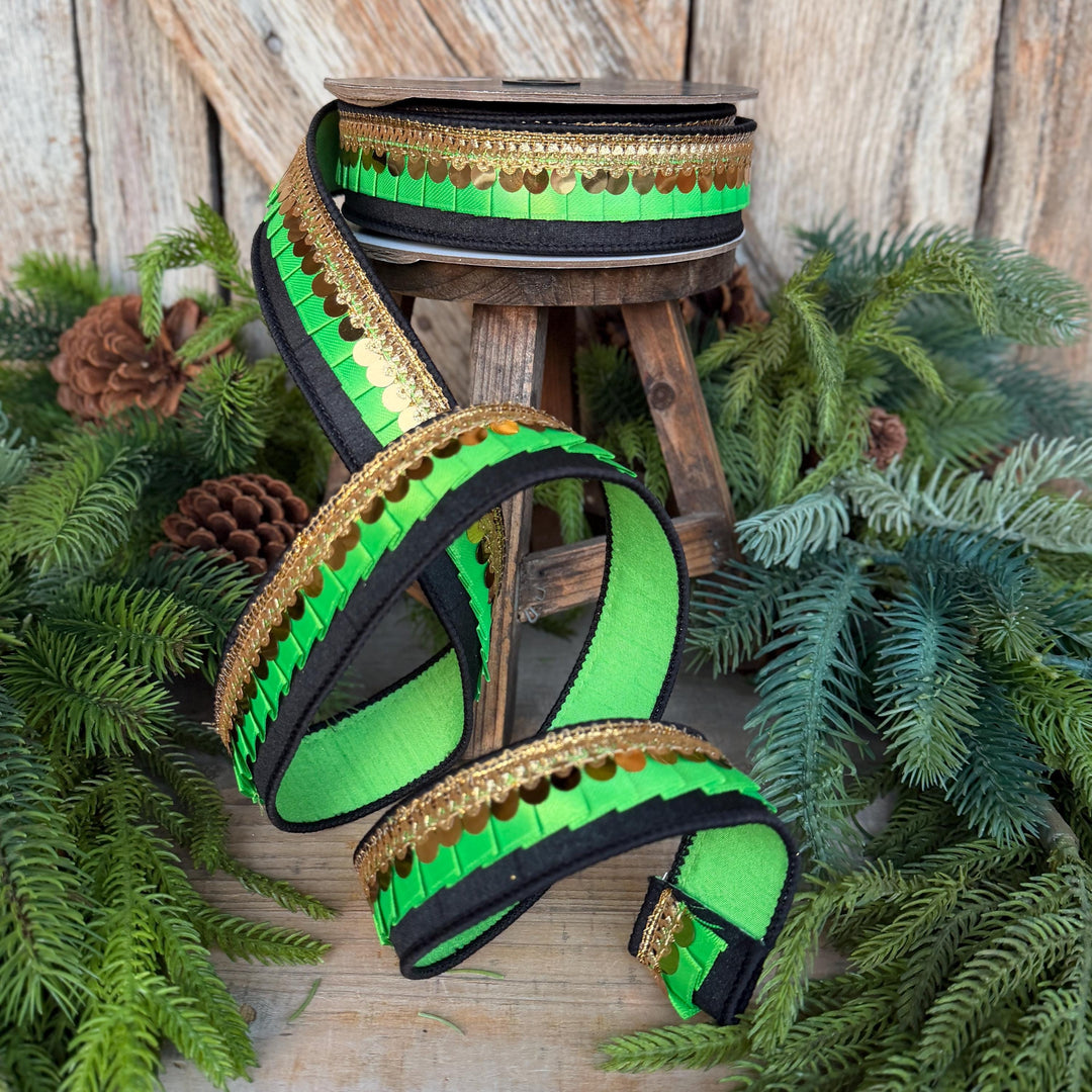 1.5" Halloween Ribbon, Tricks or Pleats, Farrisilk Ribbon, Wired Ribbon, Black Green Gold Ribbon, Designer Ribbon, Wreath Supply, RK730-61