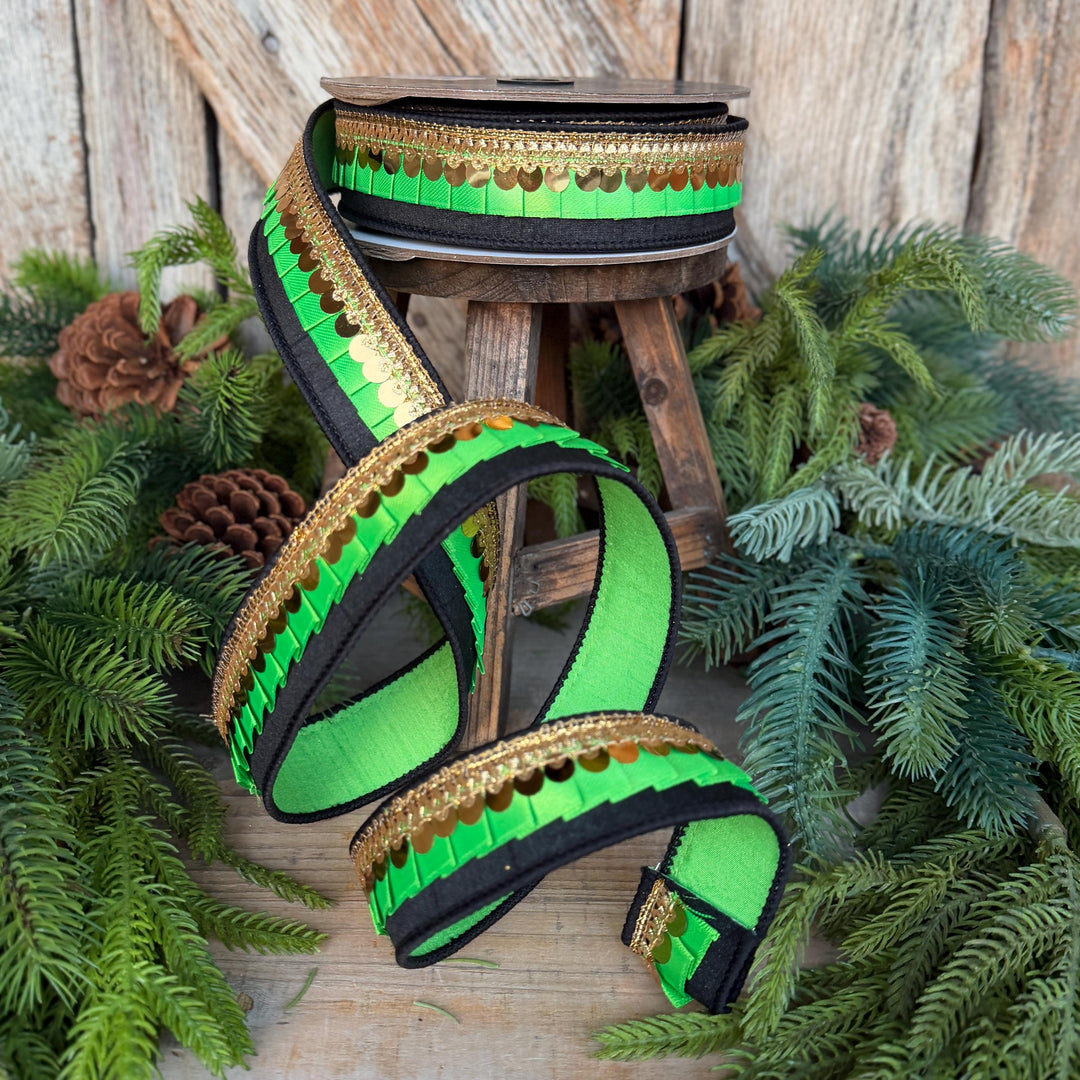 1.5" Halloween Ribbon, Tricks or Pleats, Farrisilk Ribbon, Wired Ribbon, Black Green Gold Ribbon, Designer Ribbon, Wreath Supply, RK730-61