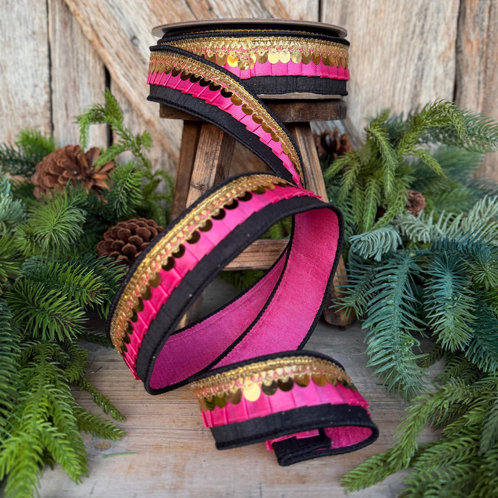 1.5" Halloween Ribbon, Tricks or Pleats, Farrisilk Ribbon, Wired Ribbon, Black Pink Gold Ribbon, Designer Ribbon, Wreath Supply, RK730-74
