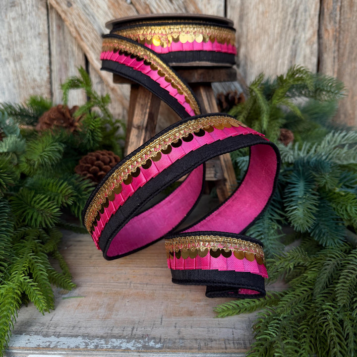 1.5" Halloween Ribbon, Tricks or Pleats, Farrisilk Ribbon, Wired Ribbon, Black Pink Gold Ribbon, Designer Ribbon, Wreath Supply, RK730-74