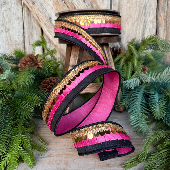 1.5" Halloween Ribbon, Tricks or Pleats, Farrisilk Ribbon, Wired Ribbon, Black Pink Gold Ribbon, Designer Ribbon, Wreath Supply, RK730-74