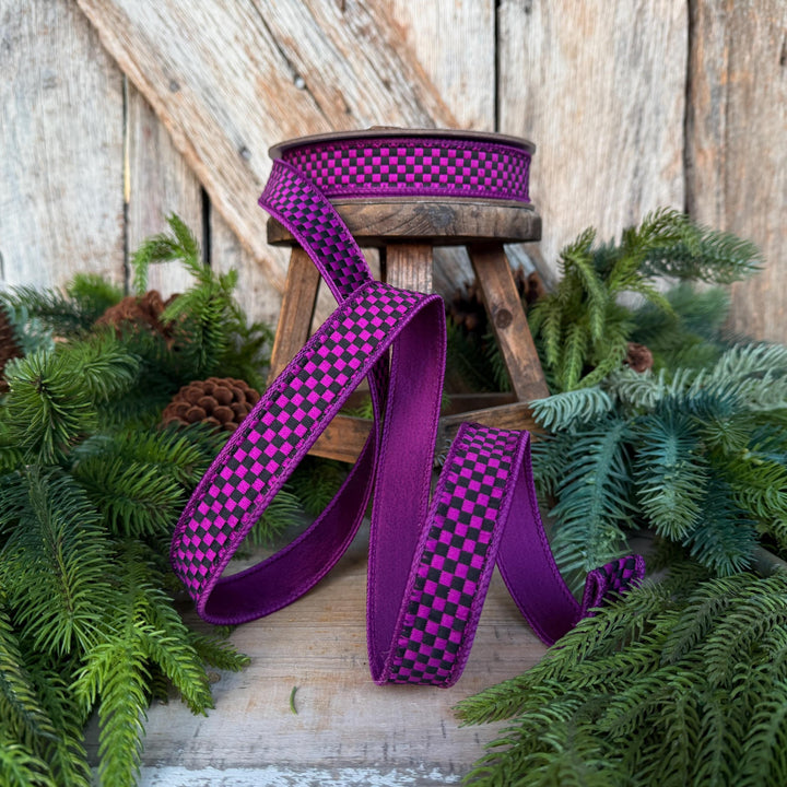 1" Purple Black Halloween Ribbon, Farrisilk Ribbon, Kitschy Checks, RK848-86