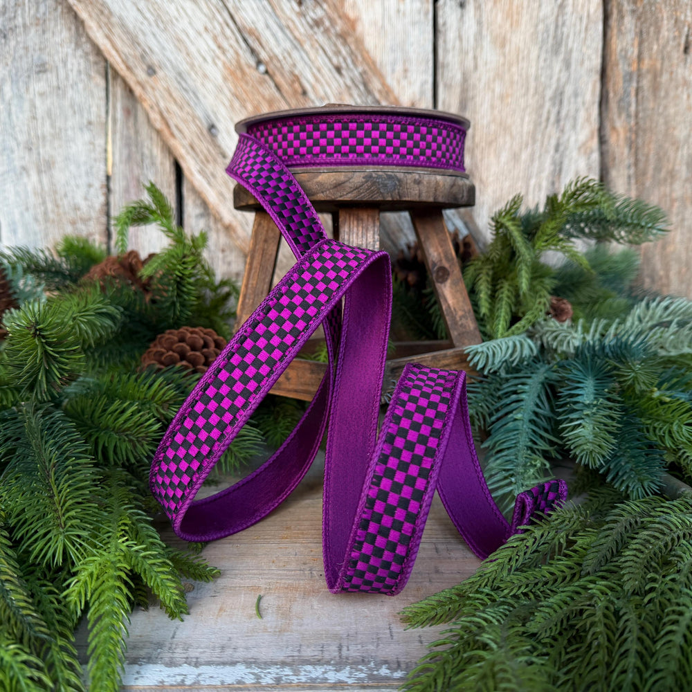 1" Purple Black Halloween Ribbon, Farrisilk Ribbon, Kitschy Checks