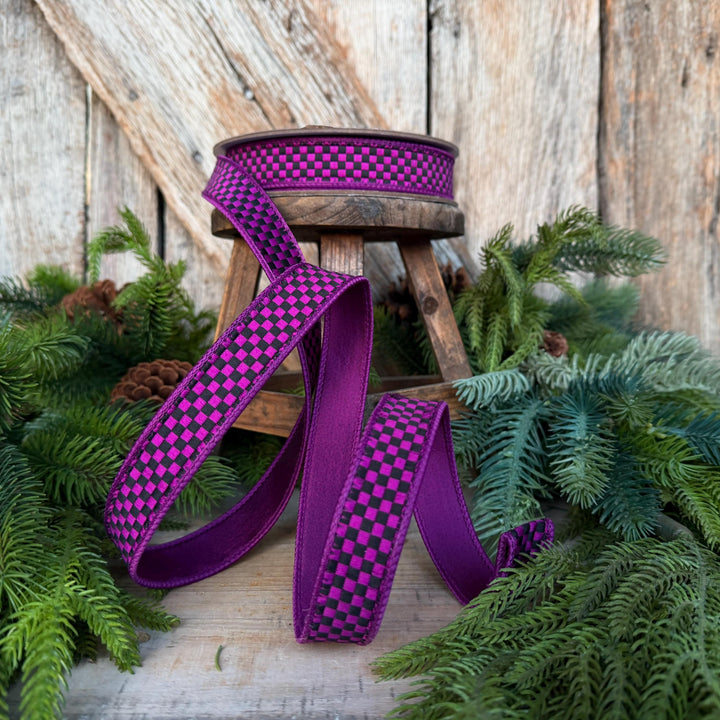 1" Purple Black Halloween Ribbon, Farrisilk Ribbon, Kitschy Checks