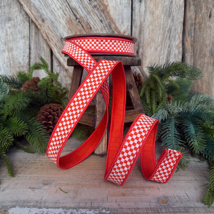 1" Orange White Check Ribbon, Halloween Ribbon, Fall Ribbon, Farrisilk Kitschy Checks, RK848-52