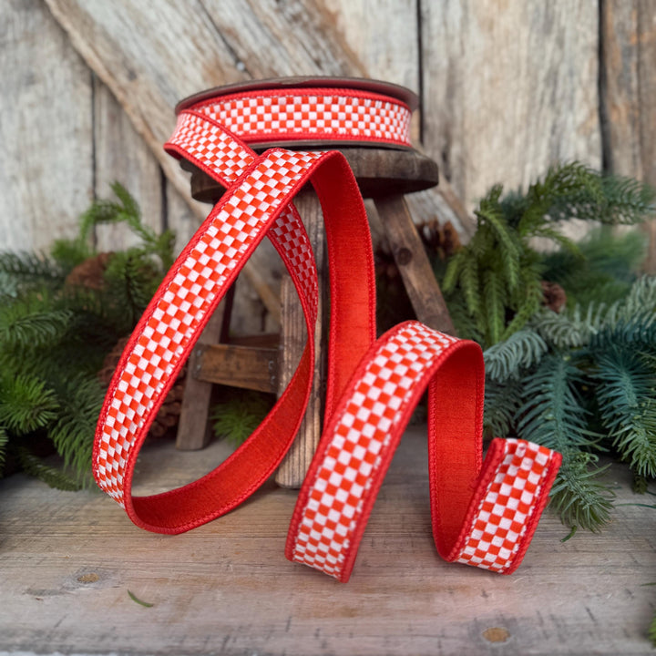 1" Orange White Check Ribbon, Halloween Ribbon, Fall Ribbon, Farrisilk Kitschy Checks, RK848-52