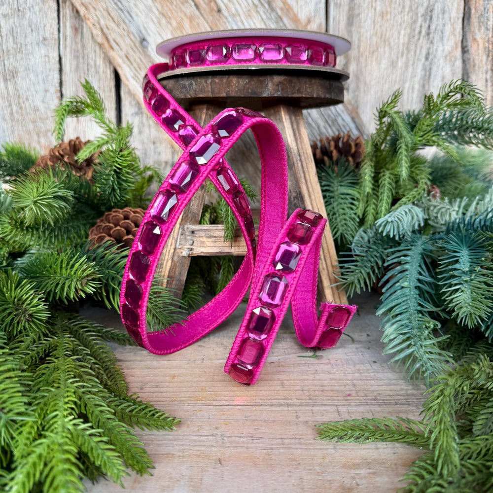 1" Hot Pink Emerald Cut Ribbon, Christmas Ribbon, Jeweled Ribbon, Farrisilk Ribbon, RJ017-15