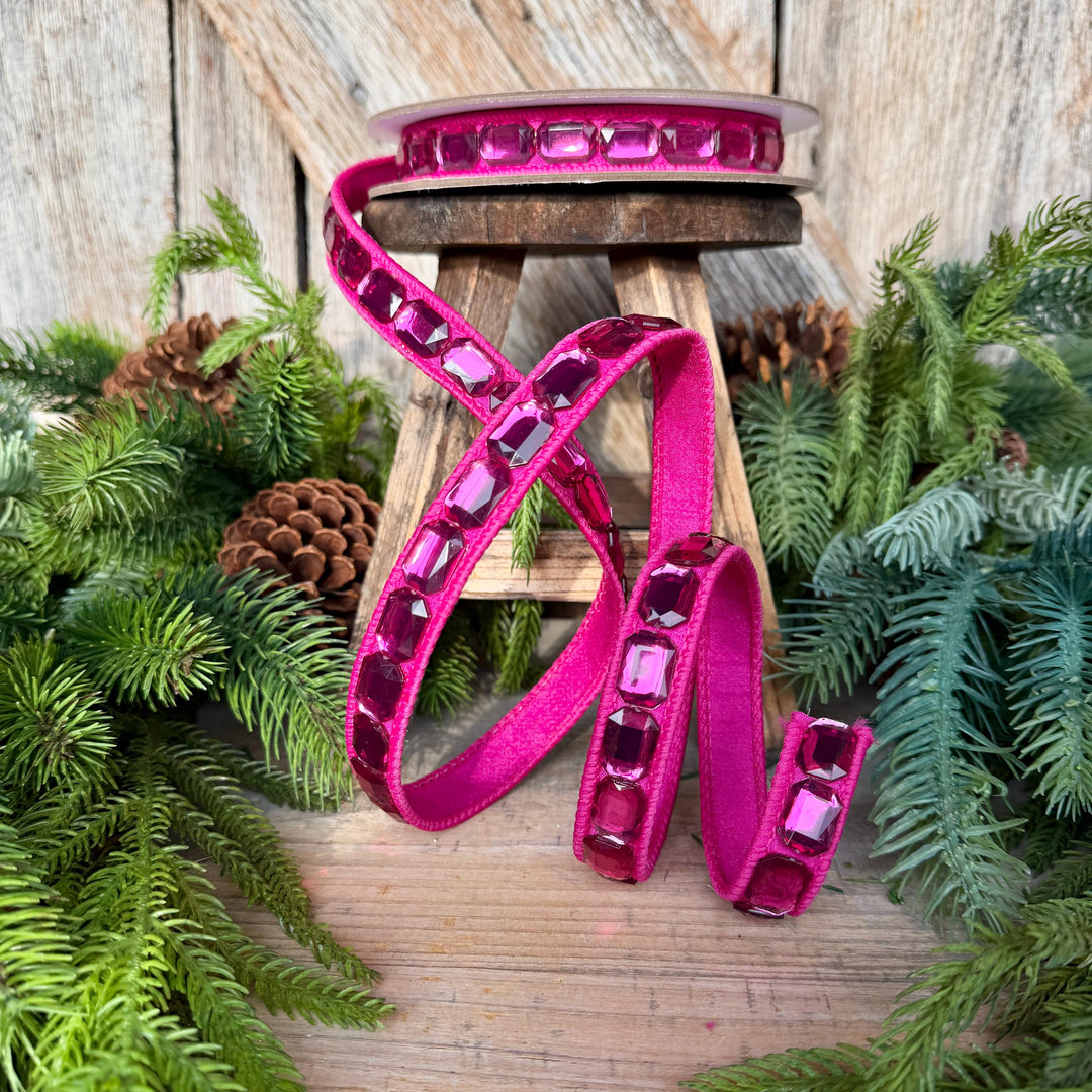 1" Hot Pink Emerald Cut Ribbon, Christmas Ribbon, Jeweled Ribbon, Farrisilk Ribbon, RJ017-15