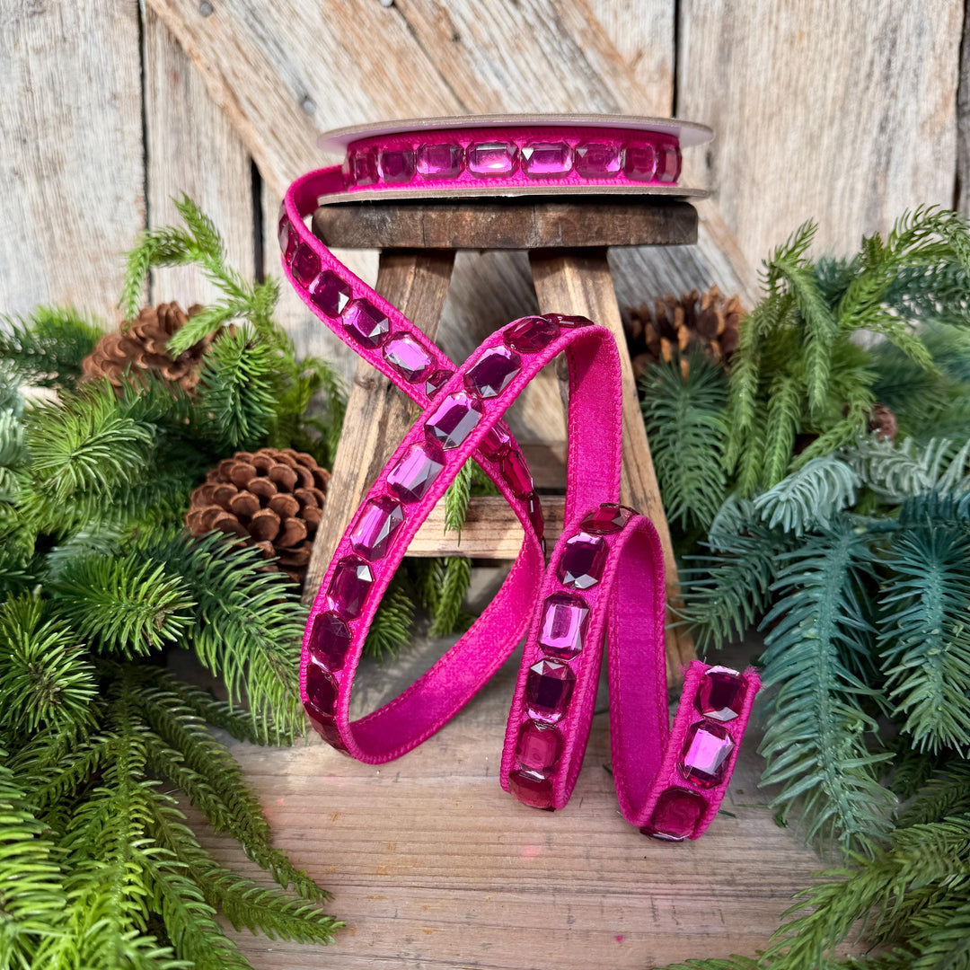 1" Hot Pink Emerald Cut Ribbon, Christmas Ribbon, Jeweled Ribbon, Farrisilk Ribbon, RJ017-15