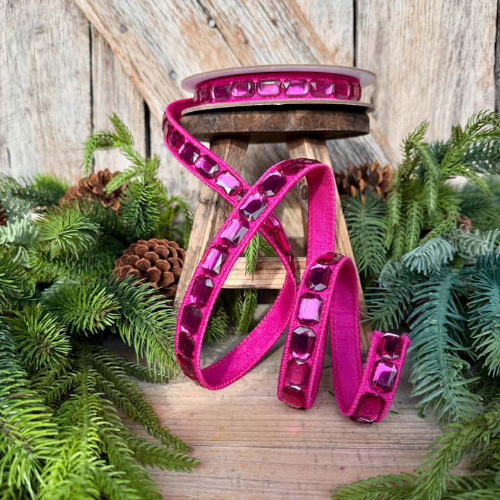 1" Hot Pink Emerald Cut Ribbon, Christmas Ribbon, Jeweled Ribbon, Farrisilk Ribbon, RJ017-15