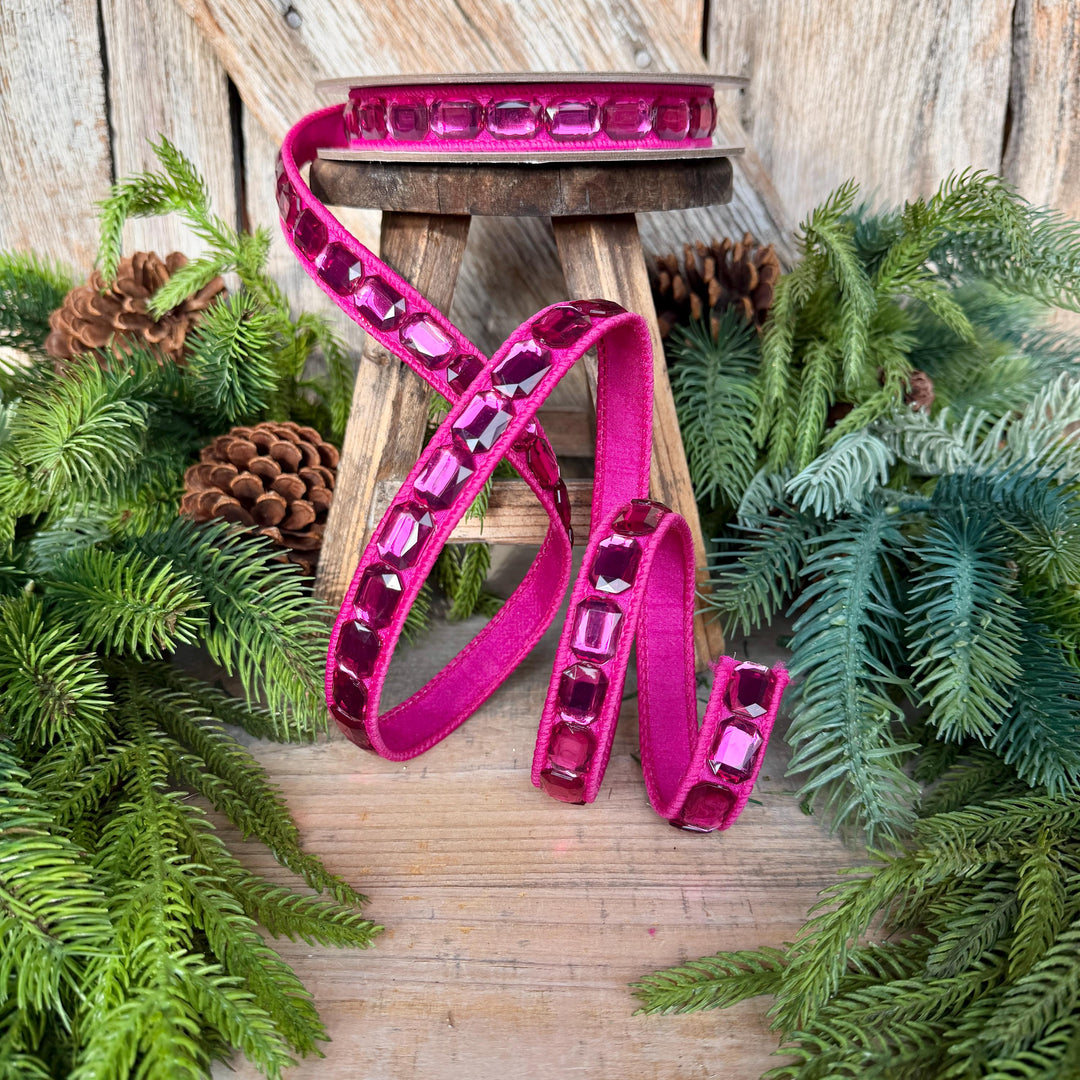 1" Hot Pink Emerald Cut Ribbon, Christmas Ribbon, Jeweled Ribbon, Farrisilk Ribbon, RJ017-15