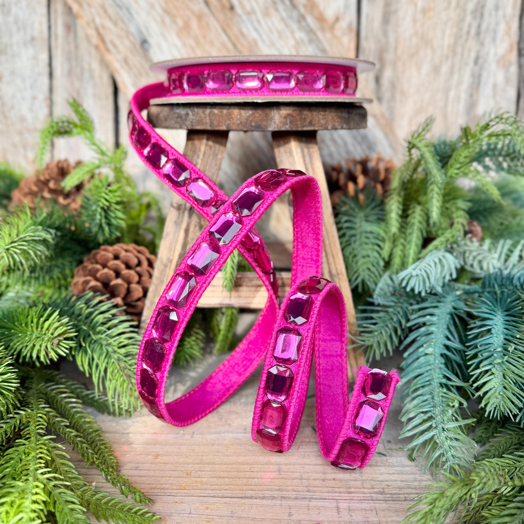 1" Hot Pink Emerald Cut Ribbon, Christmas Ribbon, Jeweled Ribbon, Farrisilk Ribbon, RJ017-15