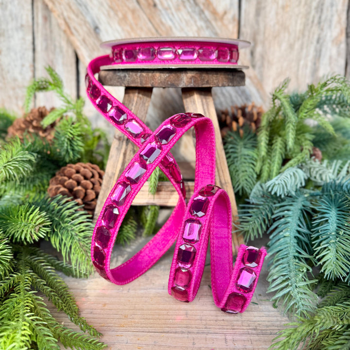 1" Hot Pink Emerald Cut Ribbon, Christmas Ribbon, Jeweled Ribbon, Farrisilk Ribbon, RJ017-15