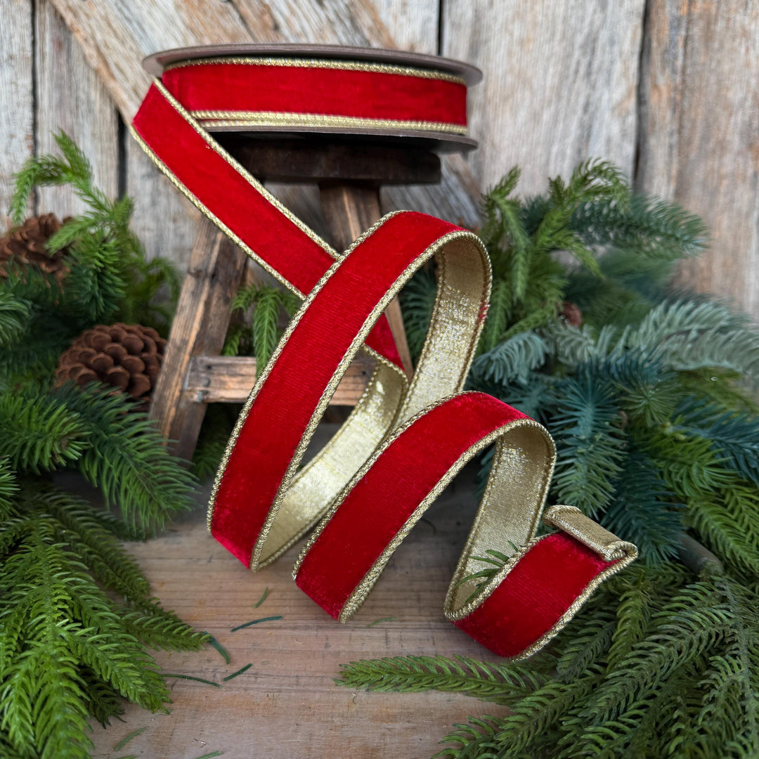 1" Red Flashy Velvet Ribbon, Red Gold Velvet Ribbon, Farrisilk Ribbon, Christmas Ribbon, RG063-02