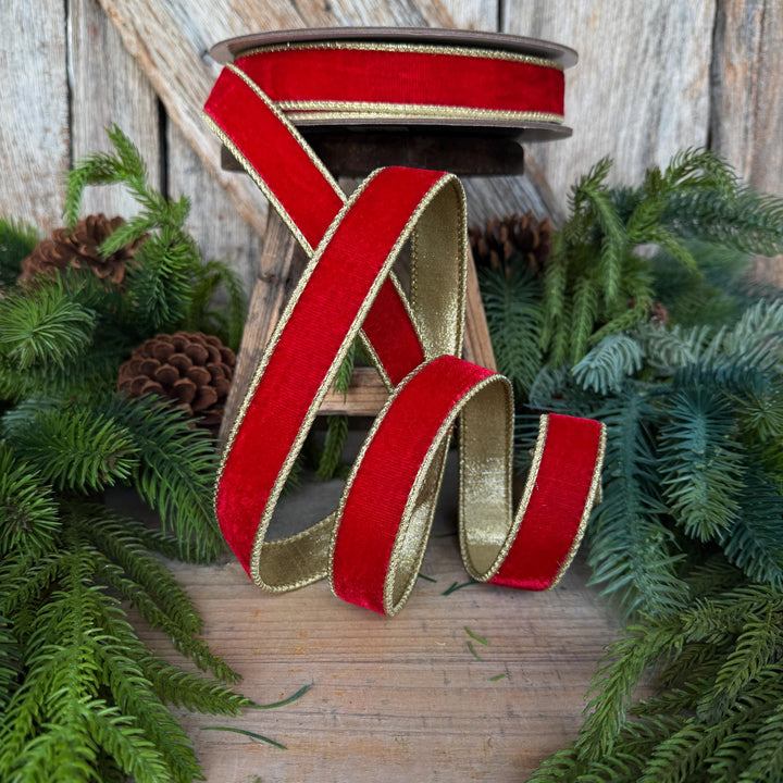 1" Red Flashy Velvet Ribbon, Red Gold Velvet Ribbon, Farrisilk Ribbon, Christmas Ribbon, RG063-02