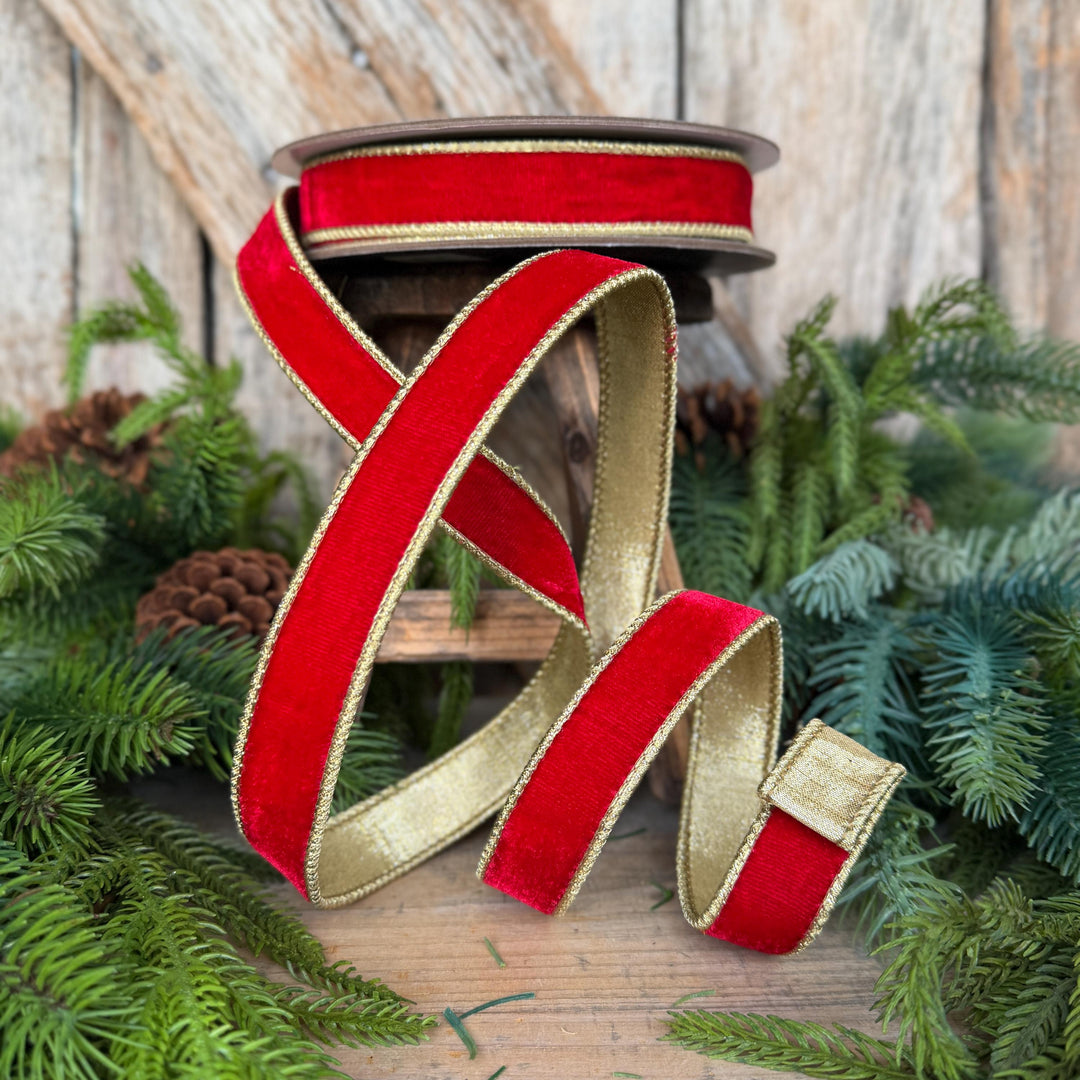 1" Red Flashy Velvet Ribbon, Red Gold Velvet Ribbon, Farrisilk Ribbon, Christmas Ribbon, RG063-02
