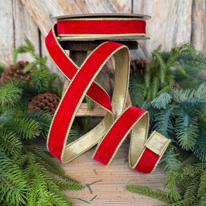 1" Red Flashy Velvet Ribbon, Red Gold Velvet Ribbon, Farrisilk Ribbon, Christmas Ribbon, RG063-02