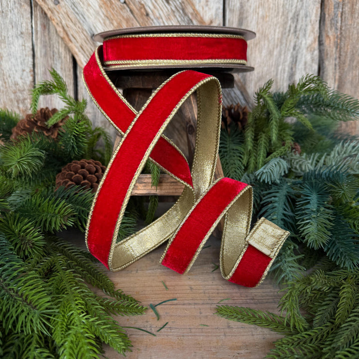 1" Red Flashy Velvet Ribbon, Red Gold Velvet Ribbon, Farrisilk Ribbon, Christmas Ribbon, RG063-02