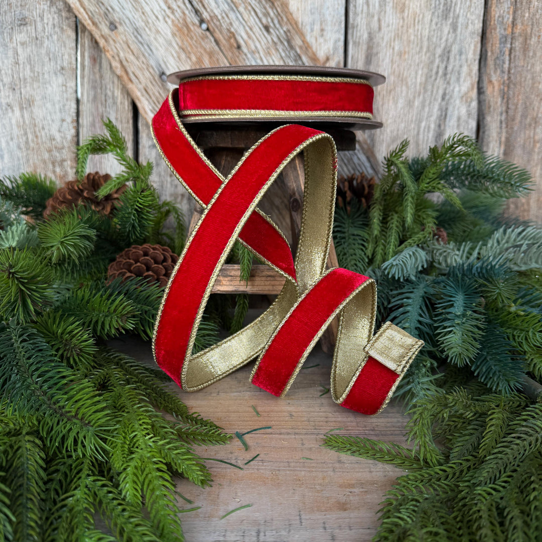 1" Red Flashy Velvet Ribbon, Red Gold Velvet Ribbon, Farrisilk Ribbon, Christmas Ribbon, RG063-02