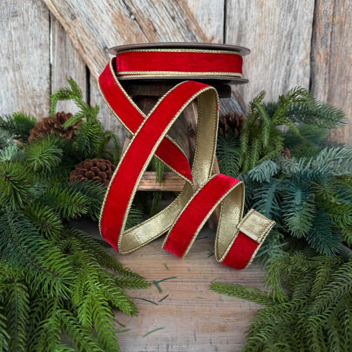 1" Red Flashy Velvet Ribbon, Red Gold Velvet Ribbon, Farrisilk Ribbon, Christmas Ribbon, RG063-02