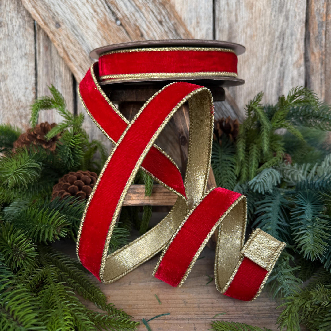 1" Red Flashy Velvet Ribbon, Red Gold Velvet Ribbon, Farrisilk Ribbon, Christmas Ribbon, RG063-02