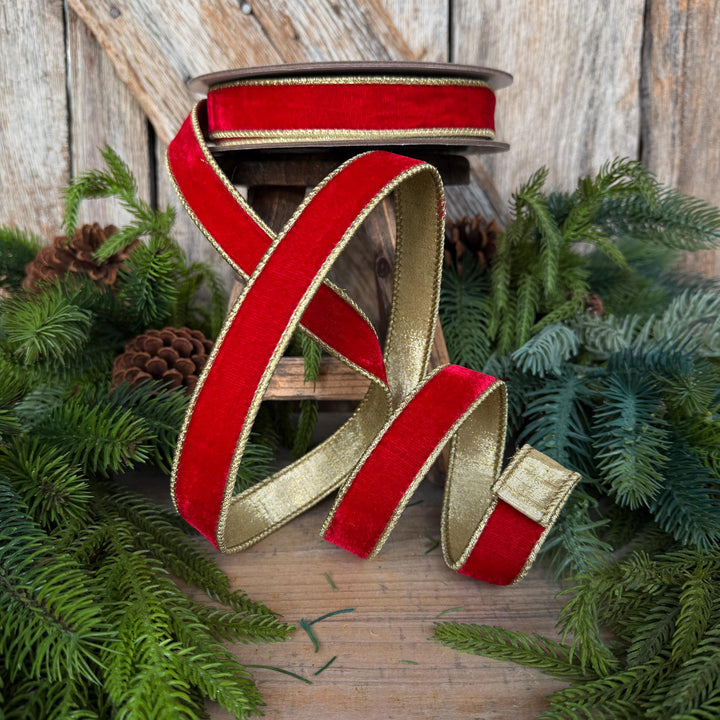 1" Red Flashy Velvet Ribbon, Red Gold Velvet Ribbon, Farrisilk Ribbon, Christmas Ribbon, RG063-02