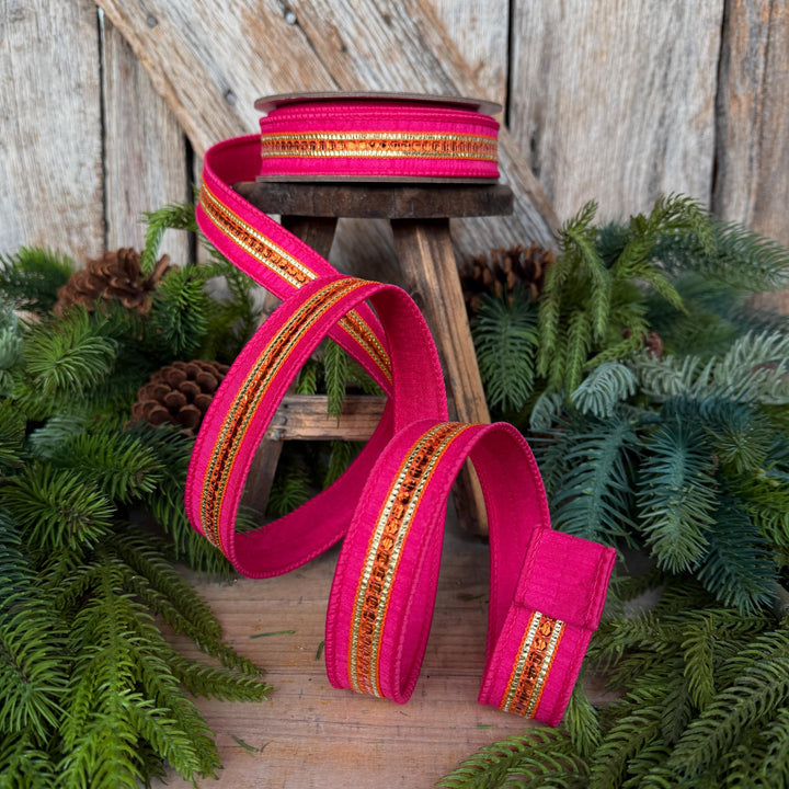 7/8" Hot Pink Twinkle Trim Ribbon, Pink Orange ribbon, Farrisilk Ribbon, Halloween Ribbon, RK756-40
